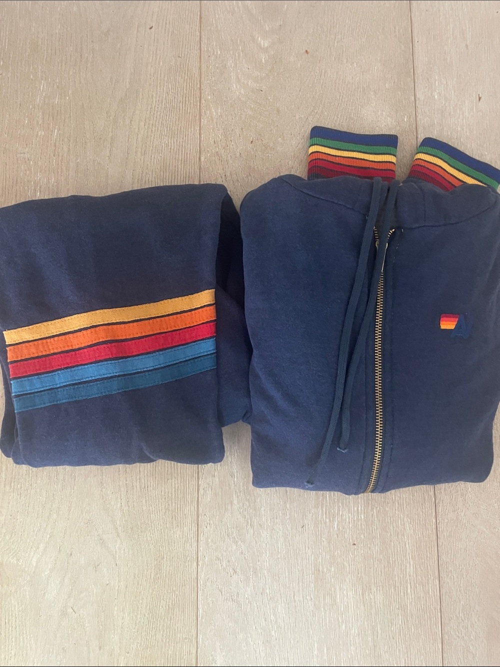 Aviator Nation Navy Zip Hoodie & Sweatpants Set with Rainbow Stripe Accents